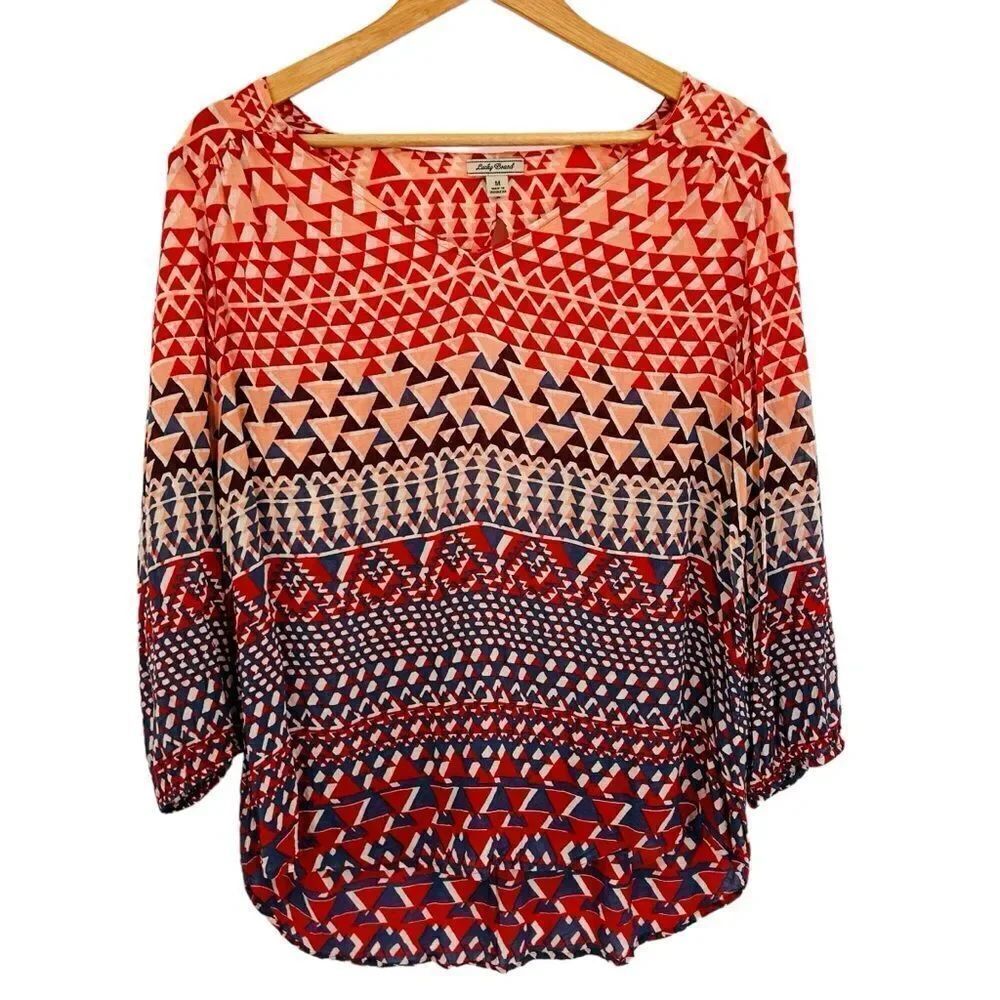 Lucky Brand triangle red and blue lightweight v neck top size medium